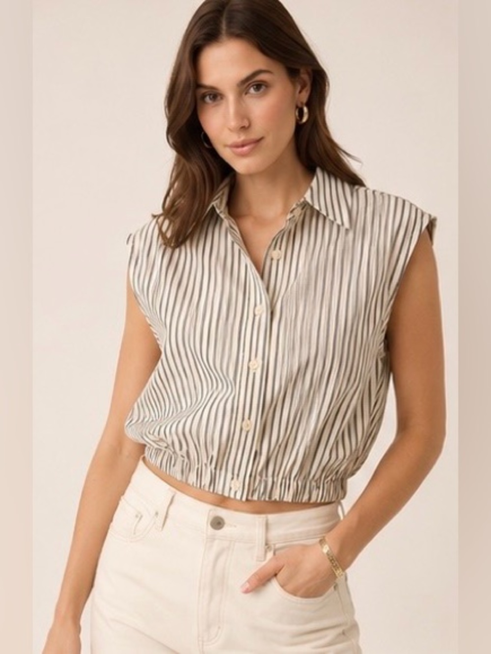 Anthropologie Beige and Black Striped Button-Down Sleeveless Top